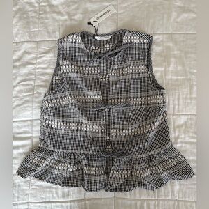 COMMENSE Black and White Tie-Front Peplum Top, NWT, Size Large
